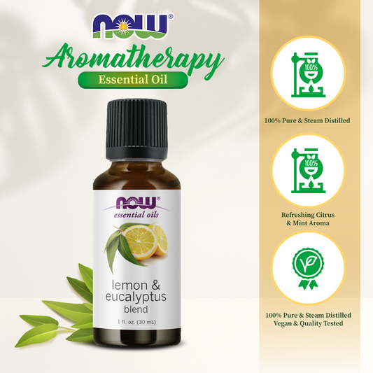 NOW FOODS Essential Oils, Lemon & Eucalyptus Oil Blend, Invigorating Aromatherapy Scent, Blend of Pure Lemon Oil and Pure Eucalyptus Oil, 1-Ounce (30 ml)
