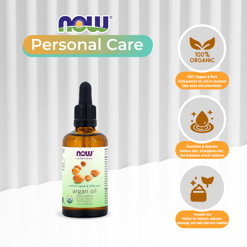 NOW Solutions, Organic Argan Oil, Certified Organic and 100% Pure, "Gold of Morocco" Multi-Purpose Oil, 2-Ounce (59ml)