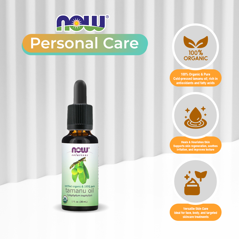 NOW Solutions, Organic Tamanu Oil, Certified Organic and 100% Pure, Promotes Hydration and Rejuvenation, 1-Ounce (30 ml)