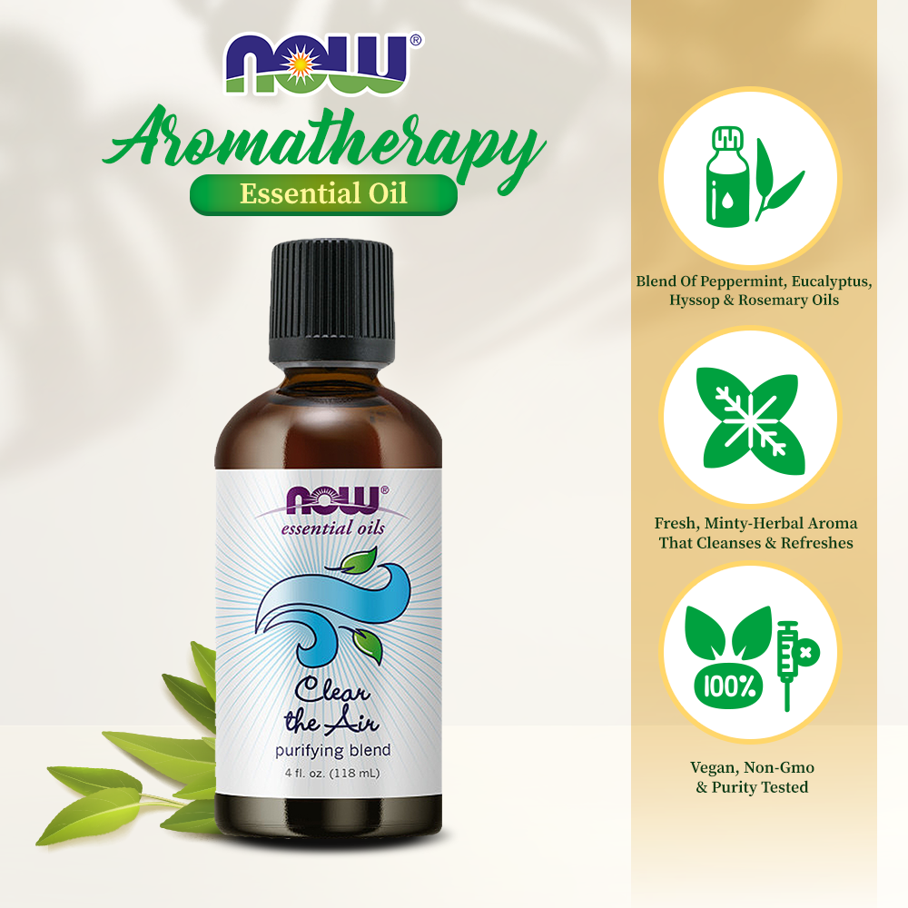 NOW Essential Oils, Clear the Air Oil Blend, Purifying Aromatherapy Scent, Blend of Pure Essential Oils, Steam Distilled, Vegan, Child Resistant Cap, 4-Ounce (118ml)