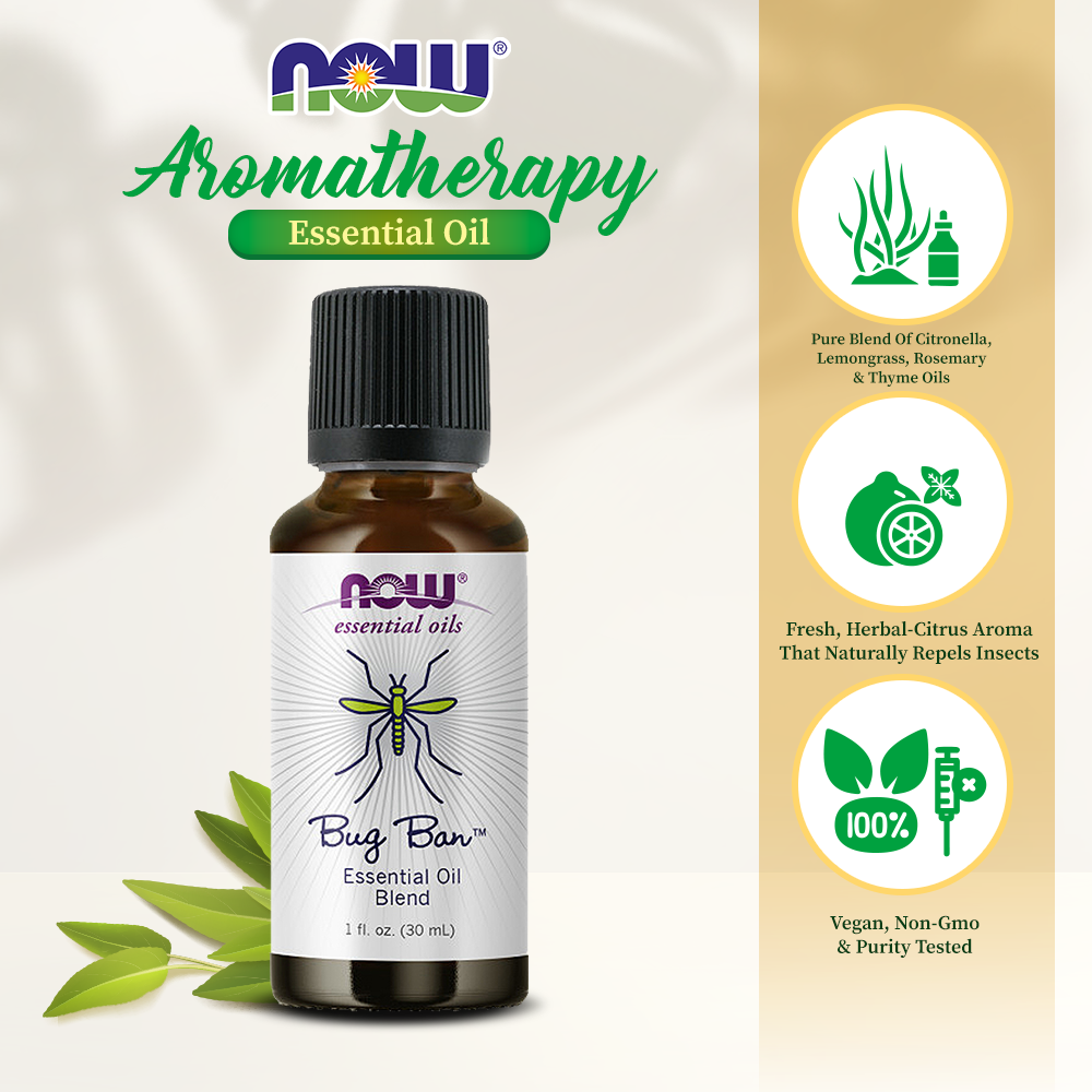 NOW Essential Oils, Bug Ban Blend, Bug-Repelling Essential Oil Blend for Inside and Outside Usage, Made with Pure Essential Oils, Vegan, Child Resistant Cap, 1-Ounce (30ml)