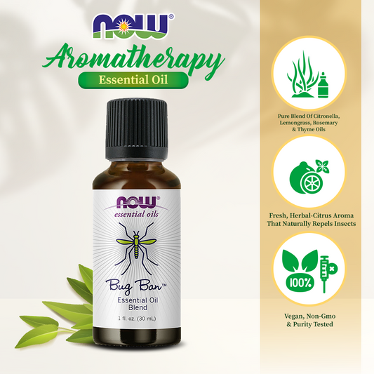 NOW Essential Oils, Bug Ban Blend, Bug-Repelling Essential Oil Blend for Inside and Outside Usage, Made with Pure Essential Oils, Vegan, Child Resistant Cap, 1-Ounce (30ml)