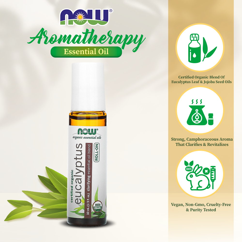 NOW Eucalyptus Roll-On, Certified Organic, Clarifying Blend, Steam Distilled, Topical Aromatherapy, 10-mL