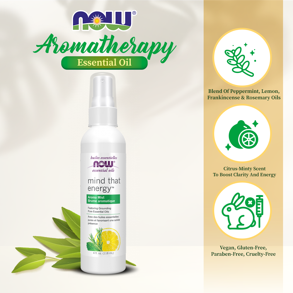 NOW Essential Oils, Mind That Energy Aroma Mist 4oz (118ml)