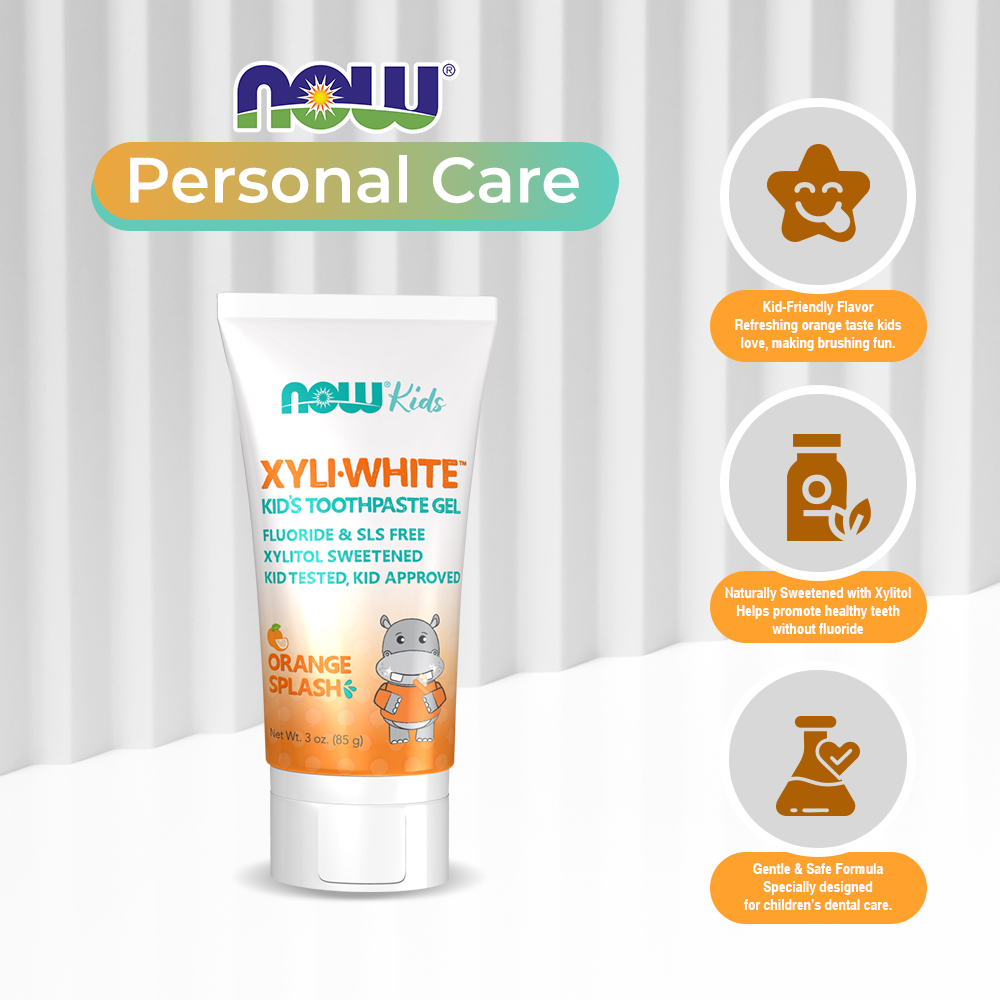 NOW Solutions, XyliwhiteToothpaste Gel for Kids, Orange Splash Flavor, Kid Approved! 3-Ounce, packaging may vary (85 g)