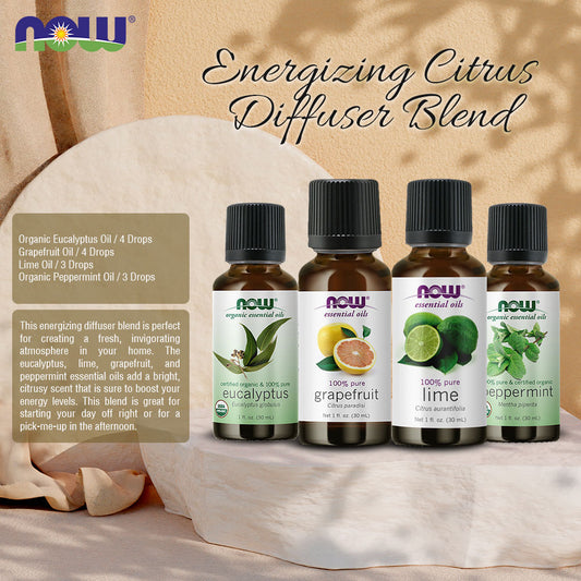 Now Essential Oils, 4 Variety of 30ml: Energizing Citrus Diffuser Blend - Organic Eucalyptus, Grapefruit, Lime, Organic Peppermint