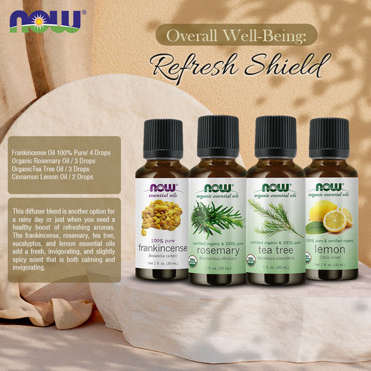 Now Essential Oils, 4 Variety of 30ml: Refresh Shield - Frankincense 100%,Organic Rosemary,Organic TeaTree,Organic Lemon