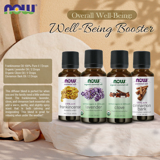 Now Essential Oils, 4 Variety of 30ml: Overall Well-Being: Diffusion Recipes - Frankincense 100%,Organic Lavender,Organic Clove,CinnamonBark