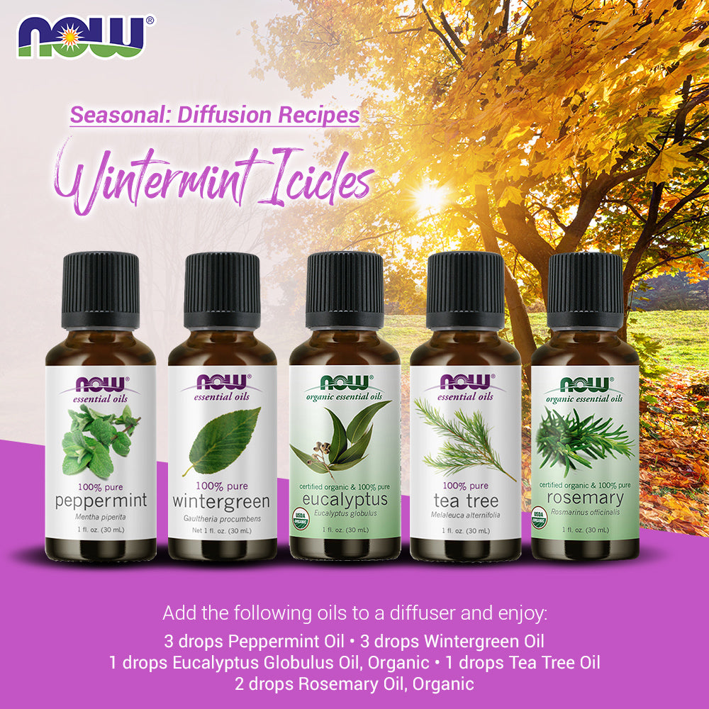 Now Essential Oils, 5 Variety of 30ml: Wintermint Icicles - Peppermint, Wintergreen, Organic Eucalyptus, Tea Tree, Organic Rosemary