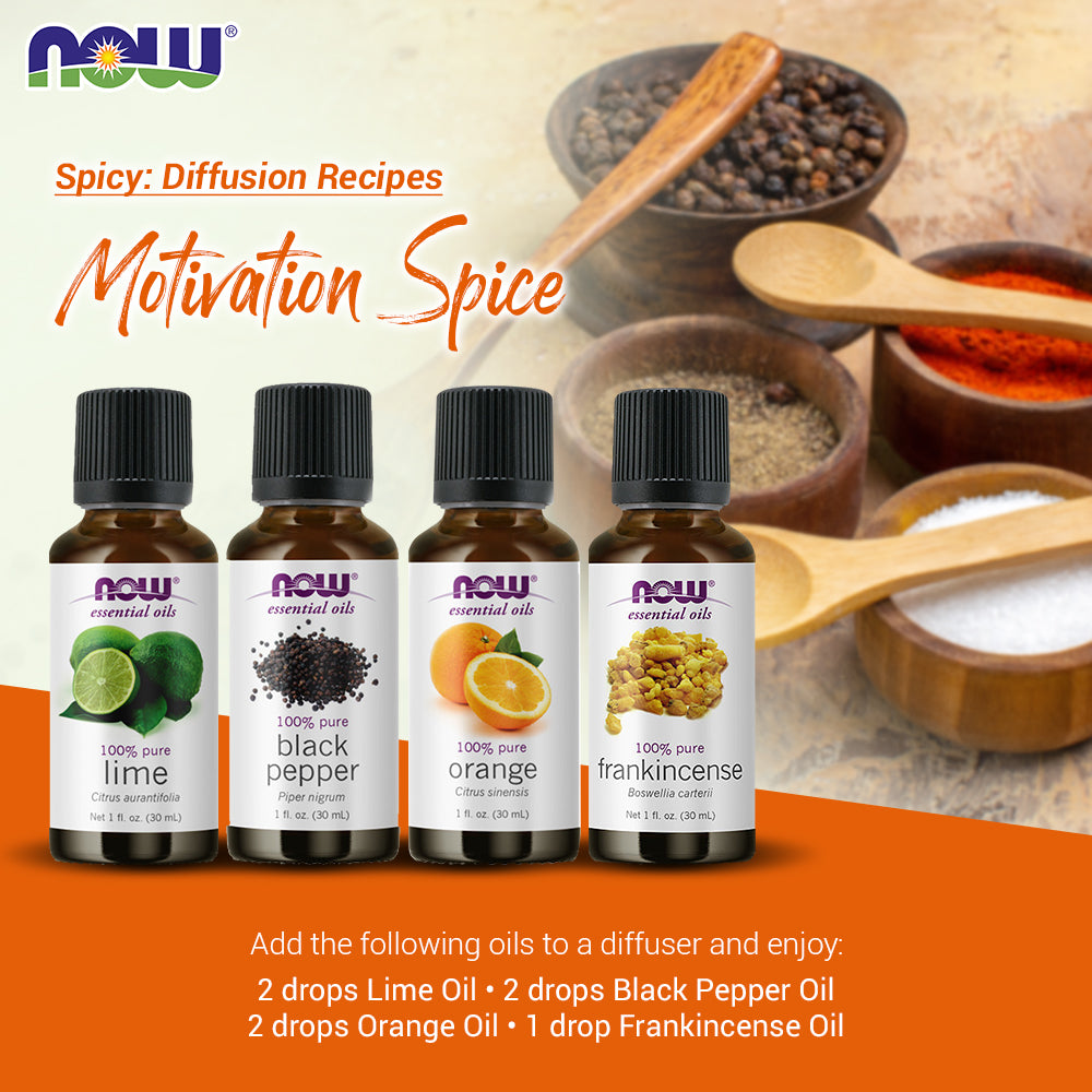 Now Essential Oils, 4 Variety of 30ml: Motivation Spice - Lime, Black Pepper, Orange, Frankincense Pure