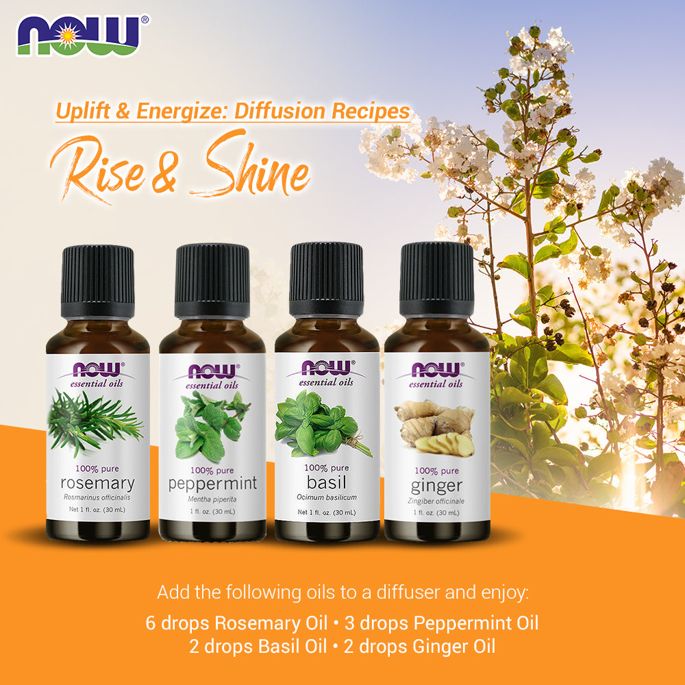 Now Essential Oils, 4 Variety of 30ml: Rise & Shine - Rosemary, Peppermint, Basil, Ginger