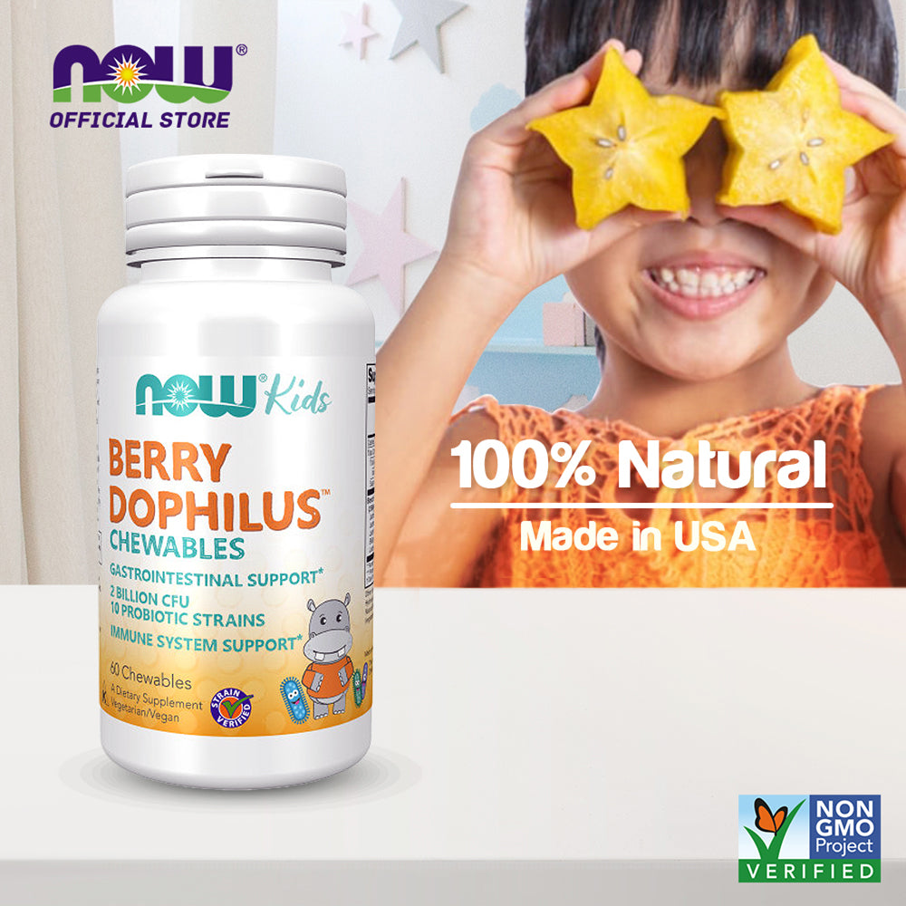 NOW Supplements, BerryDophilus with 2 Billion, 10 Probiotic Strains, Xylitol Sweetened, Strain Verified, 60 Chewables, (packaging may vary)