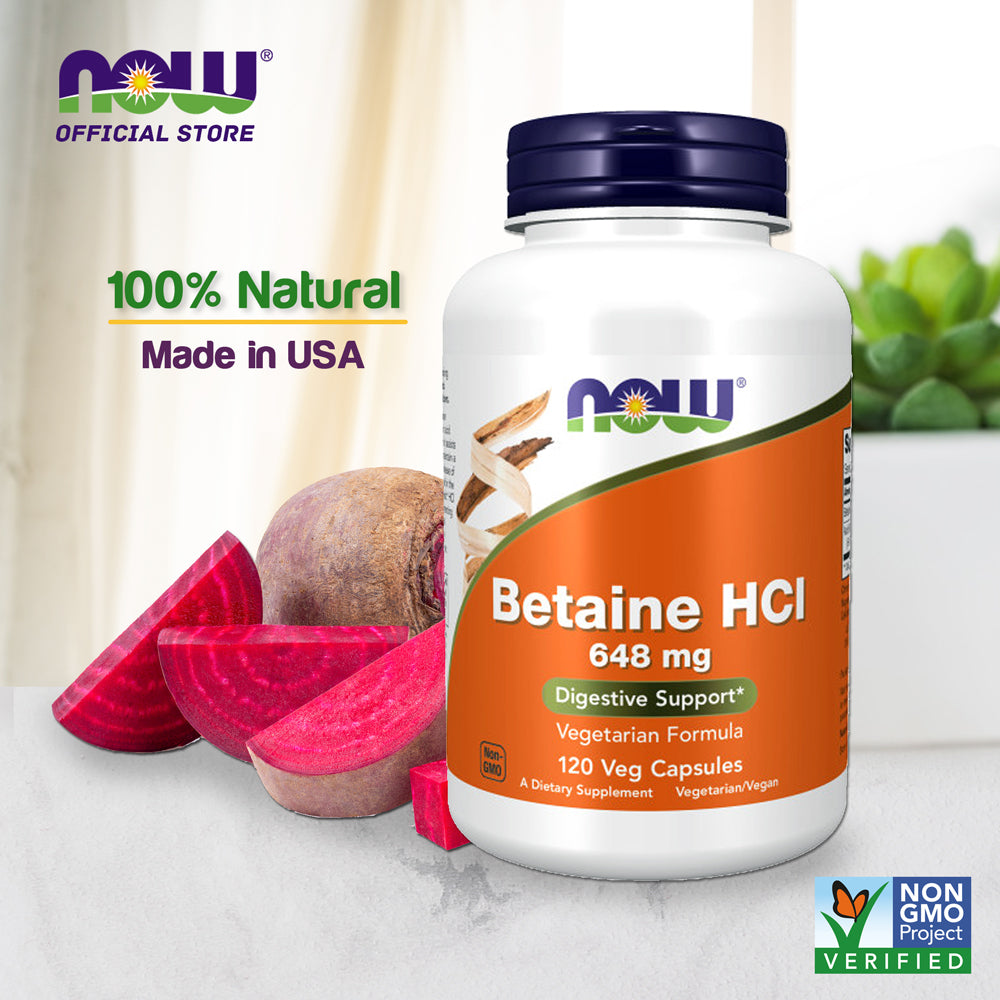 NOW Supplements, Betaine HCl 648 mg, Vegetarian Formula, Digestive Support*, 120 Veg Capsules