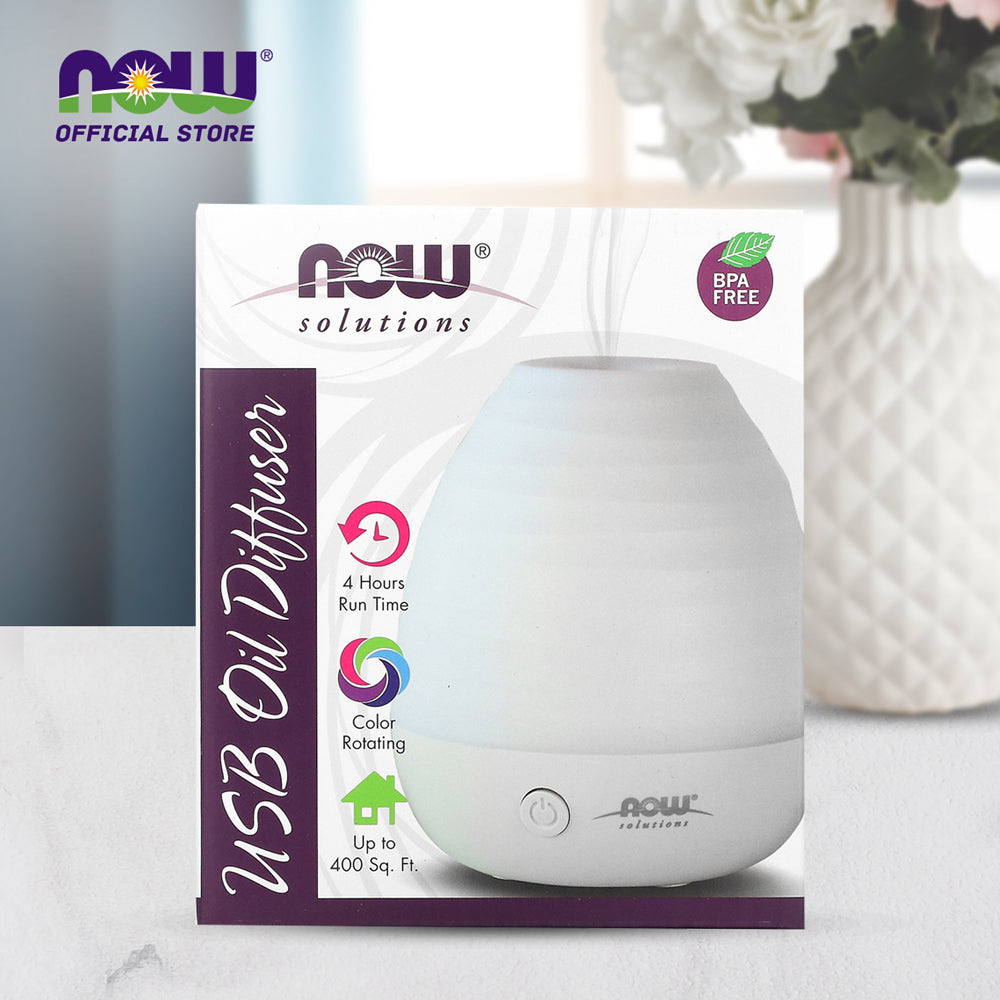 NOW Essential Oils, Ultrasonic USB Aromatherapy Oil Diffuser, Extremely Quiet, Heat Free, and Easy to Clean, Color Changing LED Diffuser