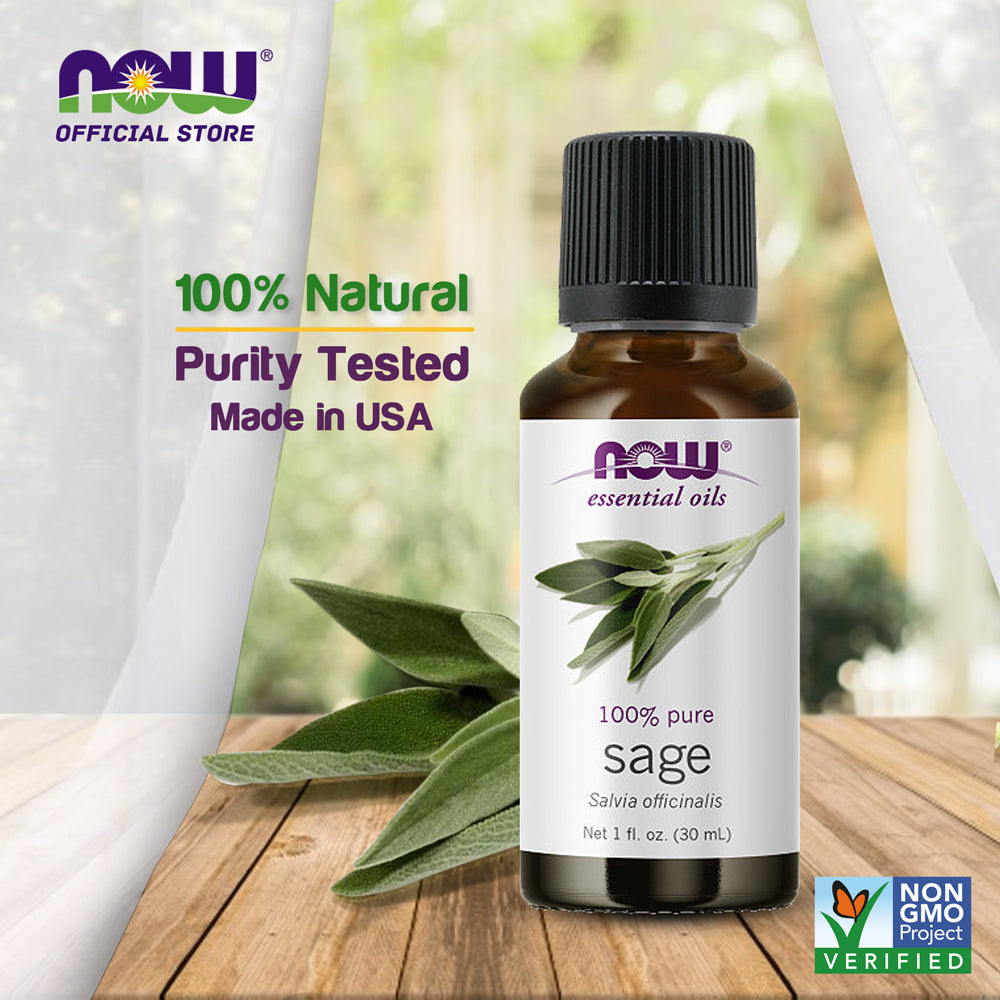 NOW Essential Oils, Sage Oil, Normalizing Aromatherapy Scent, Steam Distilled, 100% Pure, Vegan, Child Resistant Cap, 1-Ounce (30ml)