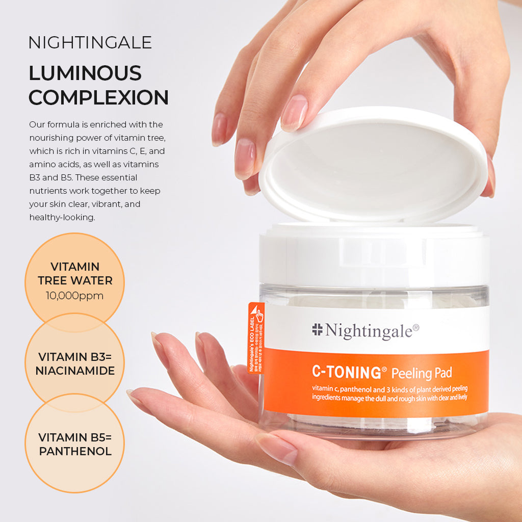 Nightingale C Toning Peeling Pad - Korean Skincare Exfoliating Cotton Rounds for Face with Vitamin C, AHA, BHA, PHA, Witch Hazel, Hyaluronic Acid - Brighten, Smooth, and Exfoliate Your Skin! 60 Count/155m