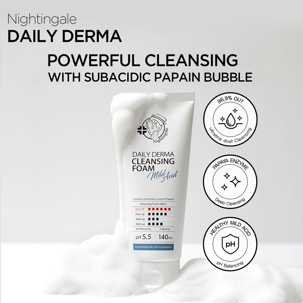 Nightingale Daily Derma Cleansing Foam - Mild Acid, Low pH Foaming Cleanser for Oily, Dry, Sensitive, Acne Prone Skin - Moisture Facial Wash - 140ml/4.73 fl. oz - Get Clean and Fresh Skin Every Day!