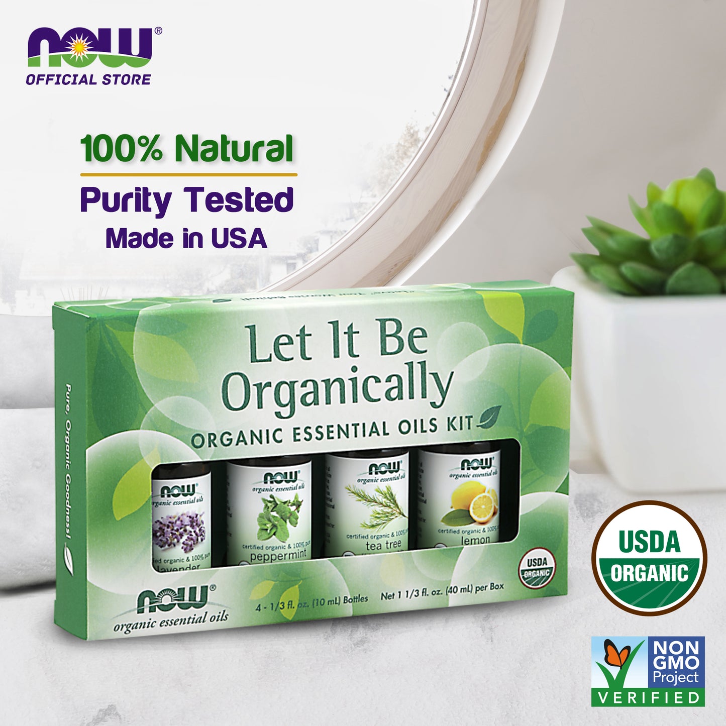 NOW Let It Be Organically Kit, 4x10ml Including: Organic Lavender, Organic Tea Tree, Organic Peppermint and Organic Lemon Essential Oils