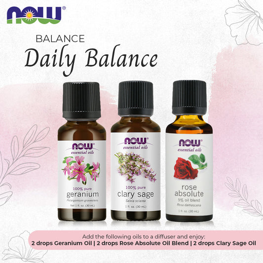 Now Essential Oils, 3 Variety of 30ml: Daily Balance - Geranium, Rose Absolute Blend, Clary Sage