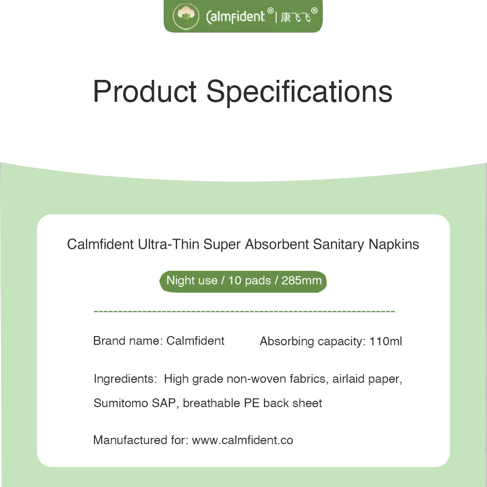 Calmfident Night Use Ultra-Thin Super Absorbent Sanitary Napkin Pads 285mm (10pcs) Green