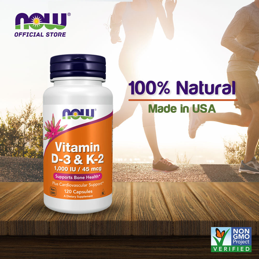 NOW Supplements, Vitamin D-3 & K-2, 1,000 IU/45 mcg, Plus Cardiovascular Support, Supports Bone Health, 120 Veg Capsules