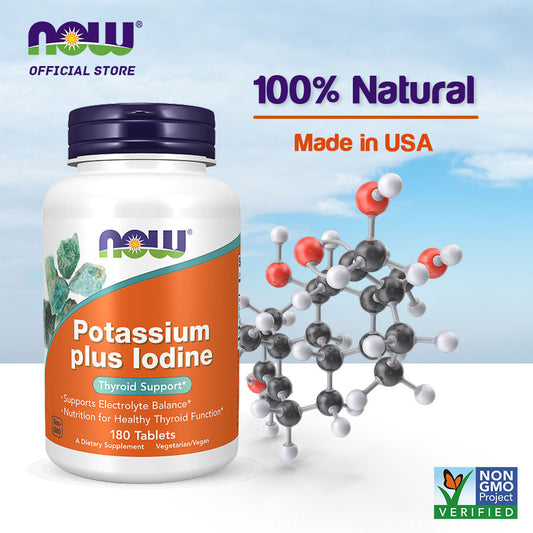 NOW Supplements, Potassium plus Iodine, Supports Electrolyte Balance, Thyroid Support, 180 Tablets