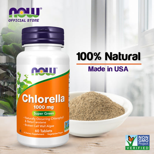 NOW Supplements, Chlorella 1000 mg with naturally occurring Chlorophyll, Beta-Carotene, mixed Carotenoids, Vitamin C, Iron and Protein, 60 Tablets