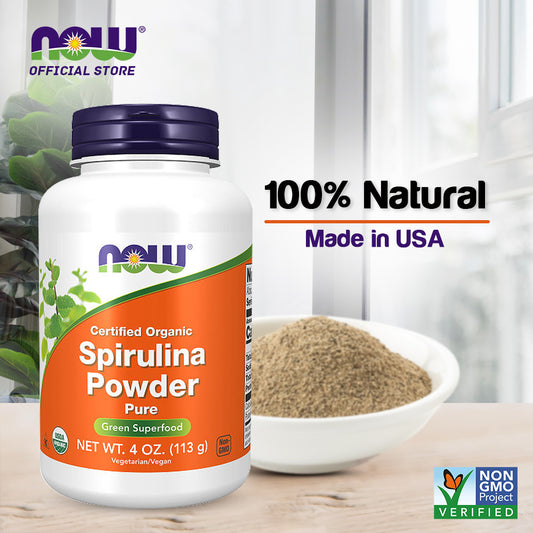 NOW Supplements, Certified Organic, Spirulina Powder, Rich in Beta-Carotene (Vitamin A) and B-12 with naturally occurring GLA & Chlorophyll, 4-Ounce