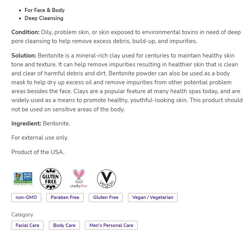 NOW Solutions, Bentonite Clay Powder, pure for face & body / deep cleaning - 11 oz