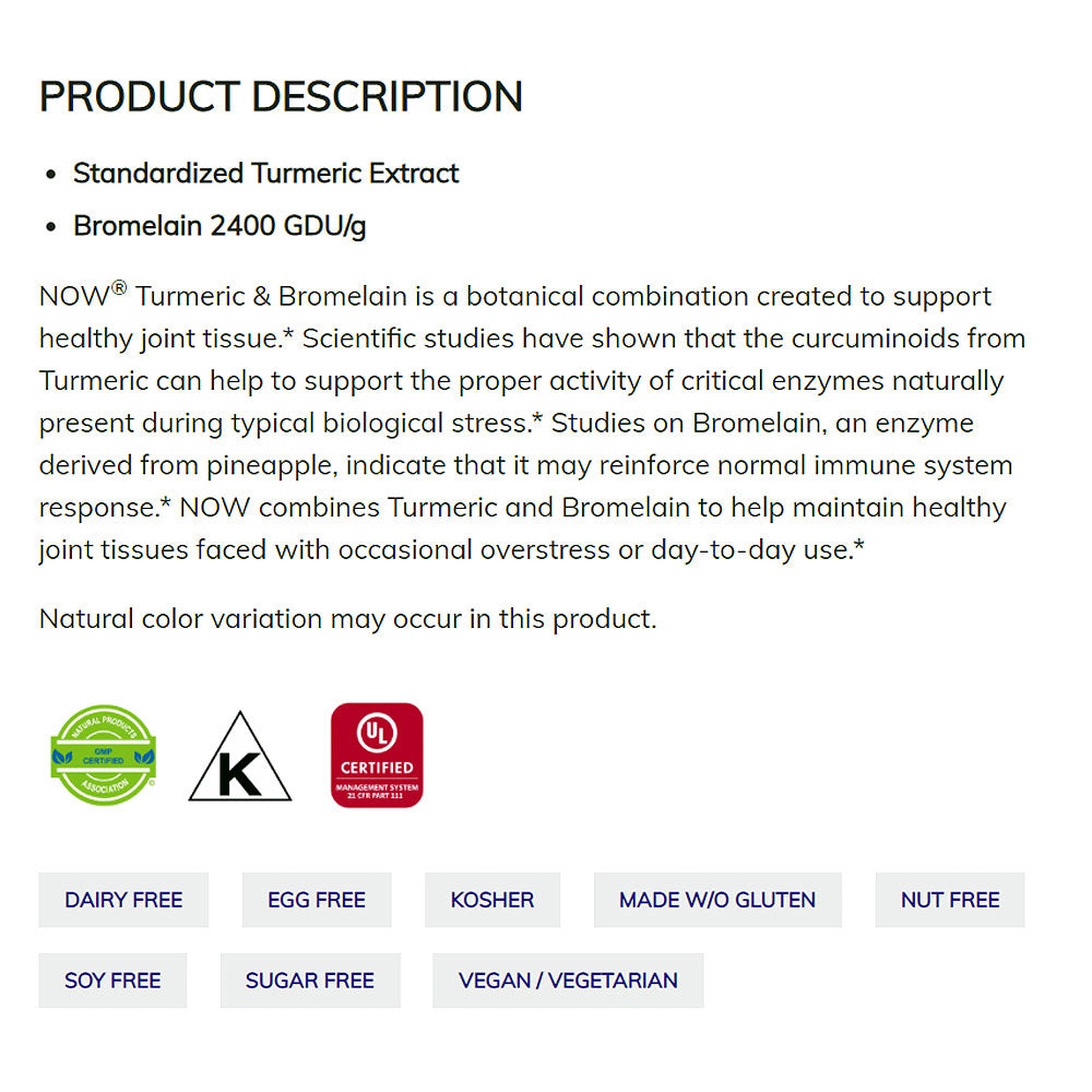 NOW Supplements, Turmeric & Bromelain (Standardized Turmeric Extract) with Bromelain 2400 GDU/g, 90 Veg Capsules