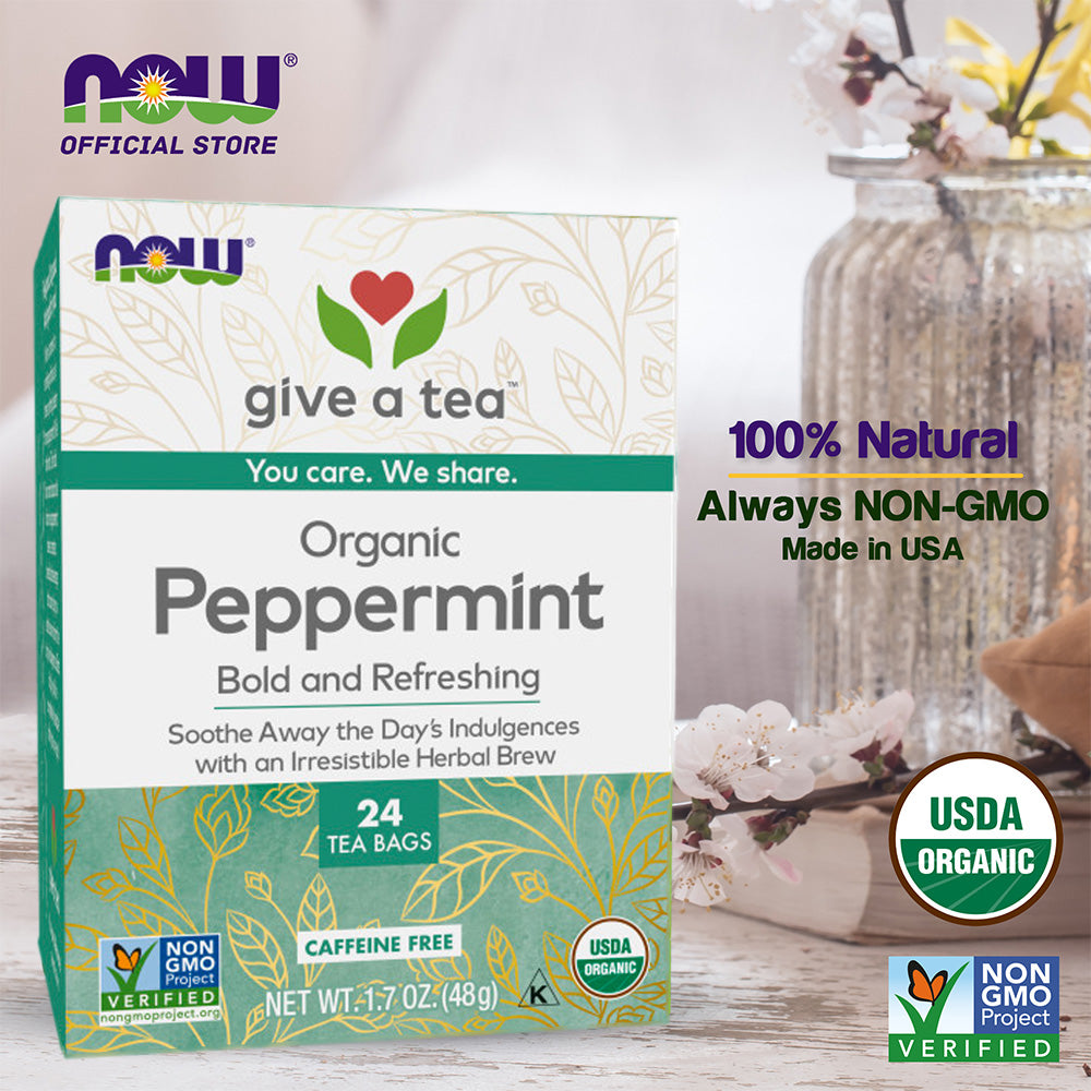 NOW Foods, Certified Organic Peppermint Tea, Soothing and Refreshing, Caffeine-Free, No Artificial Colors, Flavors, Preservatives or Sugars, 24-Count