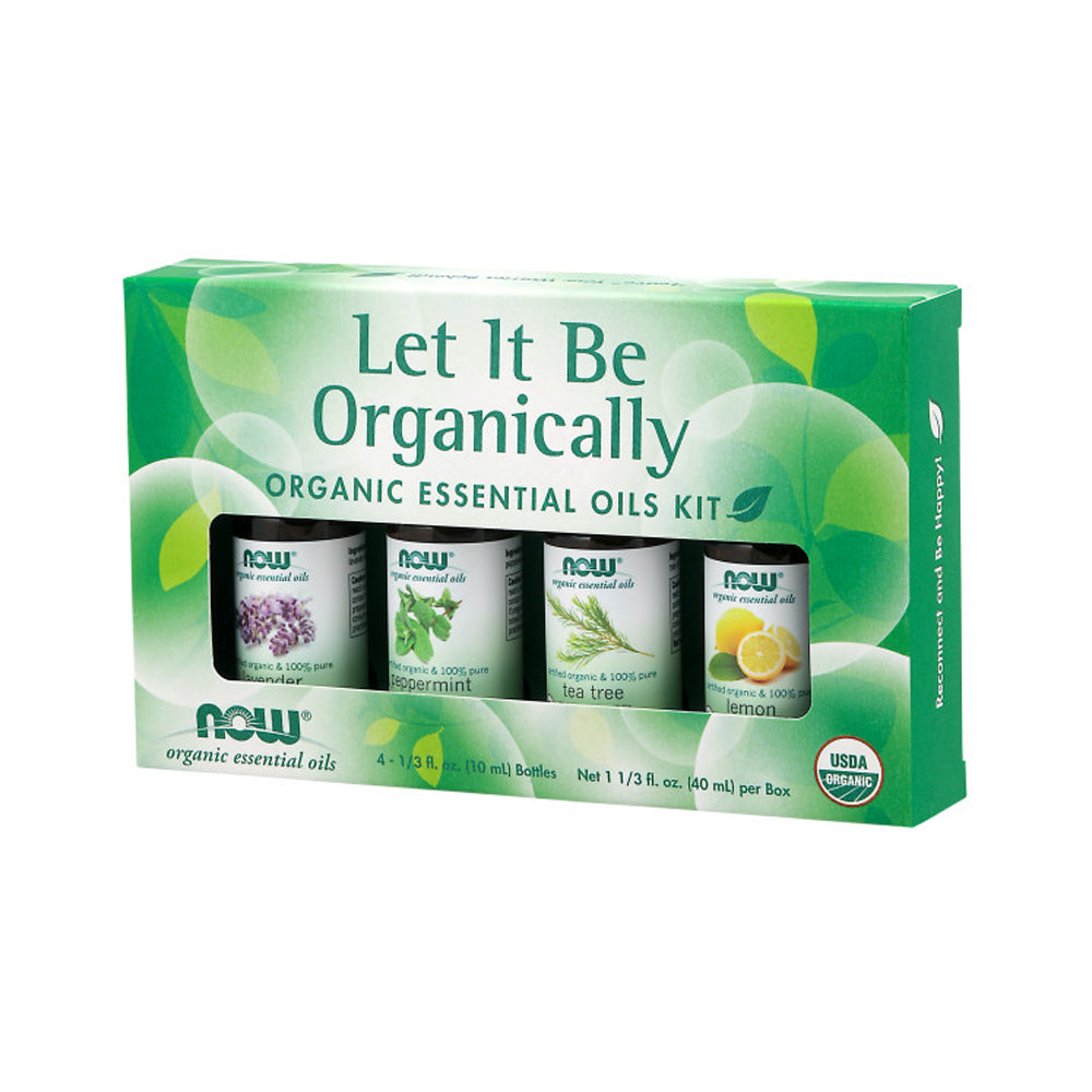 NOW Let It Be Organically Kit, 4x10ml Including: Organic Lavender, Organic Tea Tree, Organic Peppermint and Organic Lemon Essential Oils