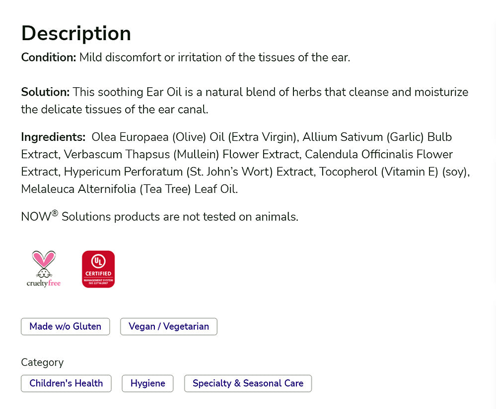 NOW Solutions, Ear Oil, Soothing Herbal Blend, Great on Mild Discomfort or Irritation, 1-Ounce (30 ml)