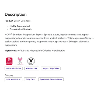 NOW Solutions, Magnesium Topical Spray, from the Ancient Zechstein Seabed, Highly Concentrated, 8-Ounce (237ml)