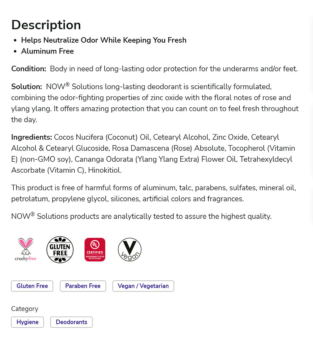 NOW Solutions, Long-Lasting Deodorant Stick, Rose and Ylang Ylang Scent, Odor Neutralizing and Keeps You Fresh, 2.2-Ounce