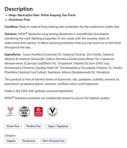NOW Solutions, Long Lasting Deodorant, Cedarwood and Cypress, Paraben &amp; Aluminum Free, 2.2-Ounce