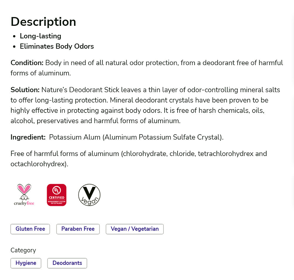 NOW Solutions, Nature's Deodorant Stick, Deodorant Stone, 100% Pure and Natural, Long-Lasting Body Odor Elimination, 3.5 oz.