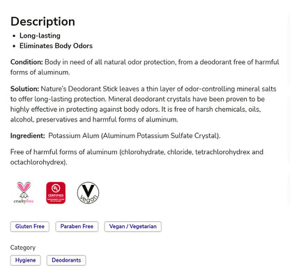 NOW Solutions, Nature's Deodorant Stick, Deodorant Stone, 100% Pure and Natural, Long-Lasting Body Odor Elimination, 3.5 oz.