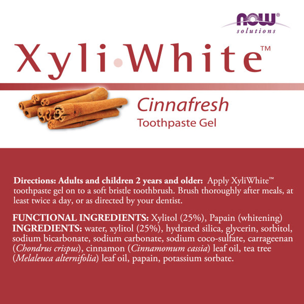 NOW Solutions, Xyliwhite™ Toothpaste Gel, Cinnafresh, Cleanses and Whitens, Clean and Fresh Cinnamon Taste, 6.4-Ounce