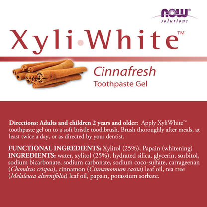 NOW Solutions, Xyliwhite™ Toothpaste Gel, Cinnafresh, Cleanses and Whitens, Clean and Fresh Cinnamon Taste, 6.4-Ounce