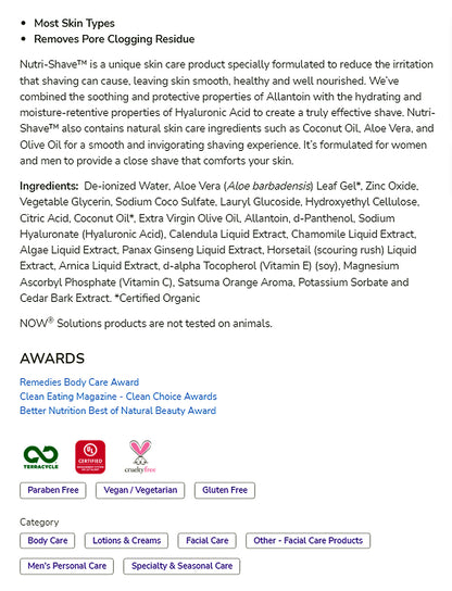 NOW Solutions, Nutri-Shave, Shave Cream, Removes Pore Clogging Residue, Reduces Irritation, 8-Ounce