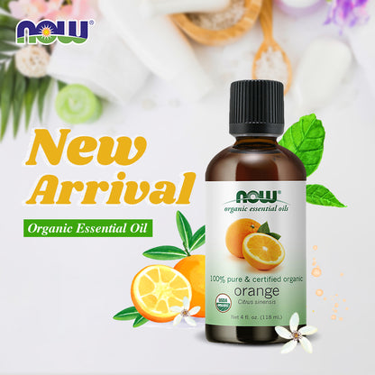 NOW Essential Oils, Organic Orange Oil, Uplifting Aromatherapy Scent, Cold Pressed, 100% Pure, Vegan, Child Resistant Cap, 4-Ounce (118ml)