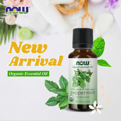 NOW Essential Oils, Organic Peppermint Oil, Invigorating Aromatherapy Scent, Steam Distilled, 100% Pure, Vegan, Child Resistant Cap, 1-Ounce (30ml)