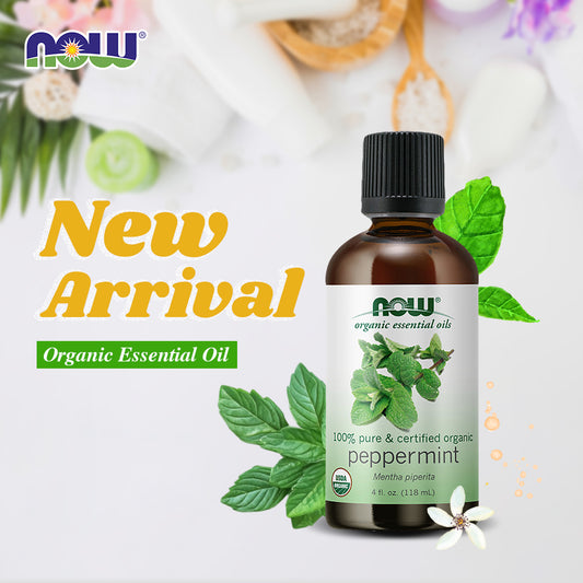 NOW Essential Oils, Organic Peppermint Oil, Invigorating Aromatherapy Scent, Steam Distilled, 100% Pure, Vegan, Child Resistant Cap, 4-Ounce (118 ml)