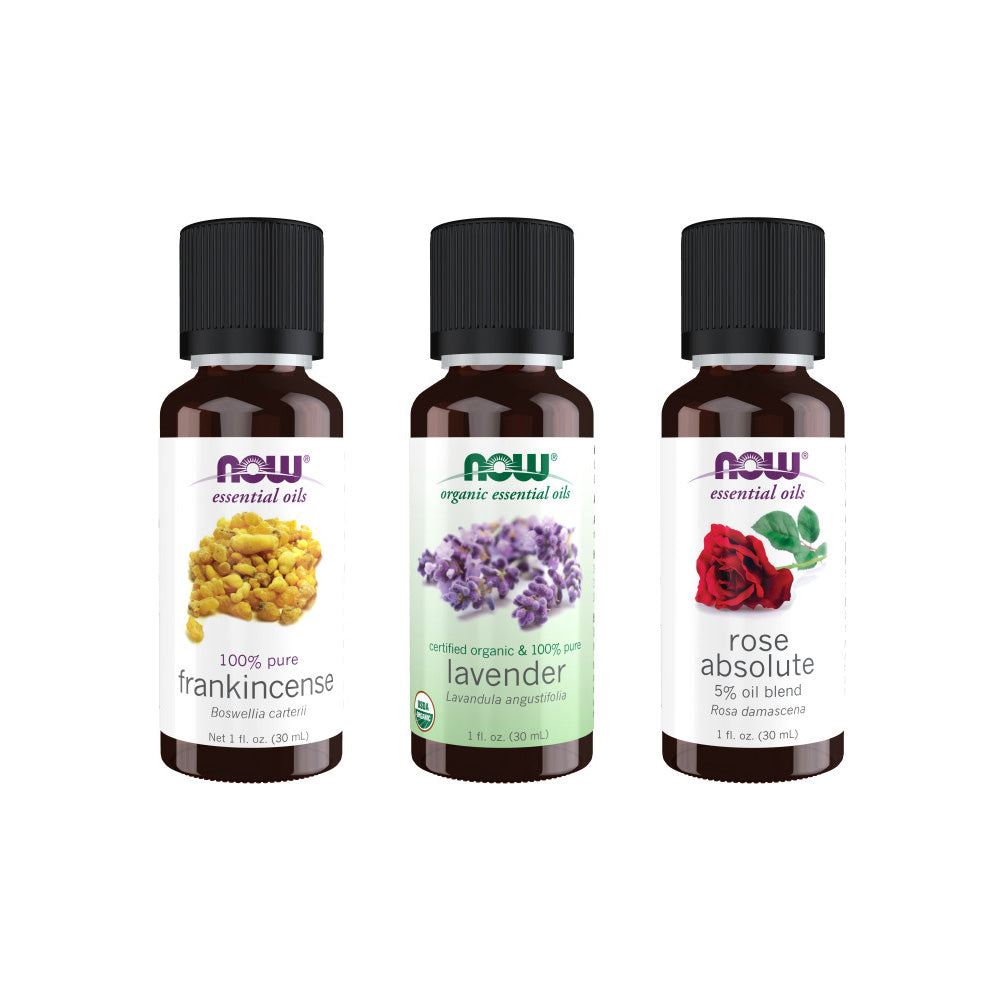 Now Essential Oils, 3 Variety of 30ml: Calming Nap - Frankincense 100%, Organic Lavender, Rose Absolute 5% Blend