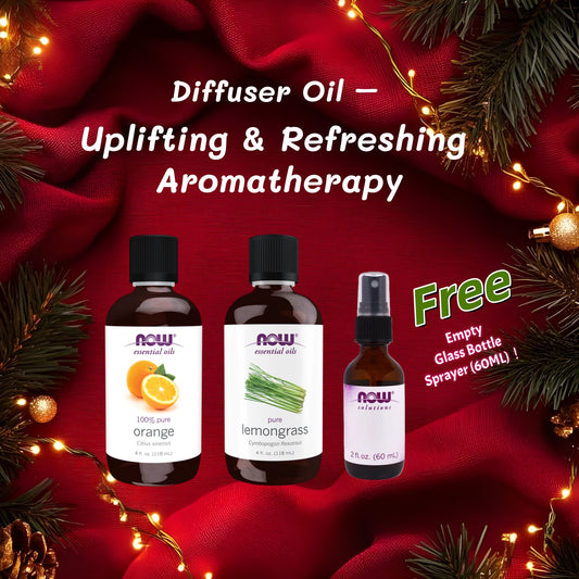 NOW Uplifting & Refreshing Aromatherapy Christmas Set – Lemongrass Oil & Orange Oil + Free Glass Sprayer