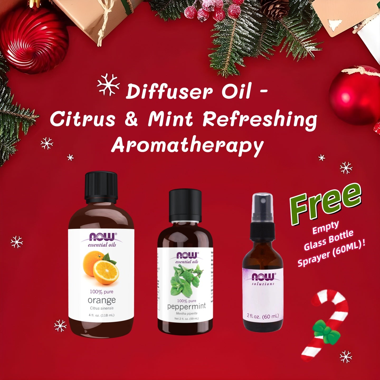 NOW Citrus & Mint Refreshing Aromatherapy Christmas Set: Orange & Peppermint Oils + FREE Glass Sprayer!