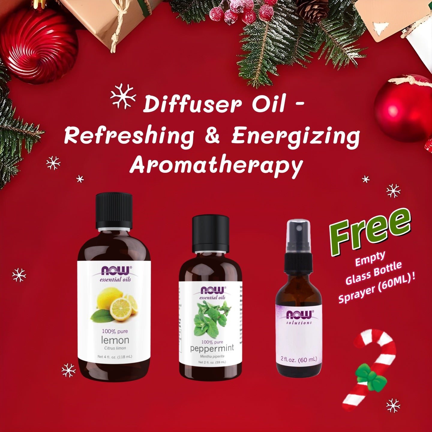 NOW Refreshing & Energizing Christmas Set: Lemon & Peppermint Oils + FREE Glass Sprayer!