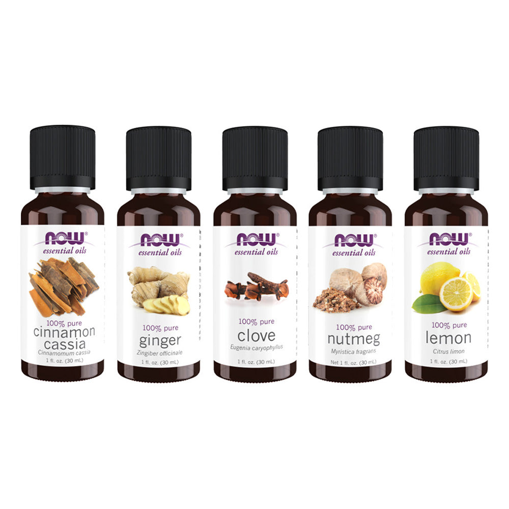 Now Essential Oils, 5 Variety of 30ml: Holly Jolly Holidays - Cinnamon Cassia, Ginger, Clove, Nutmeg, Lemon