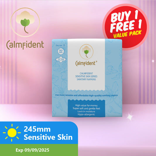 [BUY 1 FREE 1] (Exp 09/09/25) Calmfident Day Use Sensitive Skin Series Sanitary Pads 24.5cm